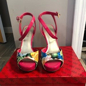 GUESS pink multi fabric heel